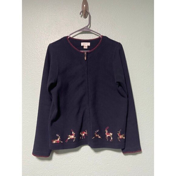 Vintage Christopher and Banks Women's Holiday Navy Blue Zip Up‎ Sweater Medium - Picture 1 of 7